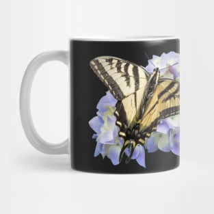 Yellow Swallowtail Butterfly on Blue Hydrangea Flower Mug